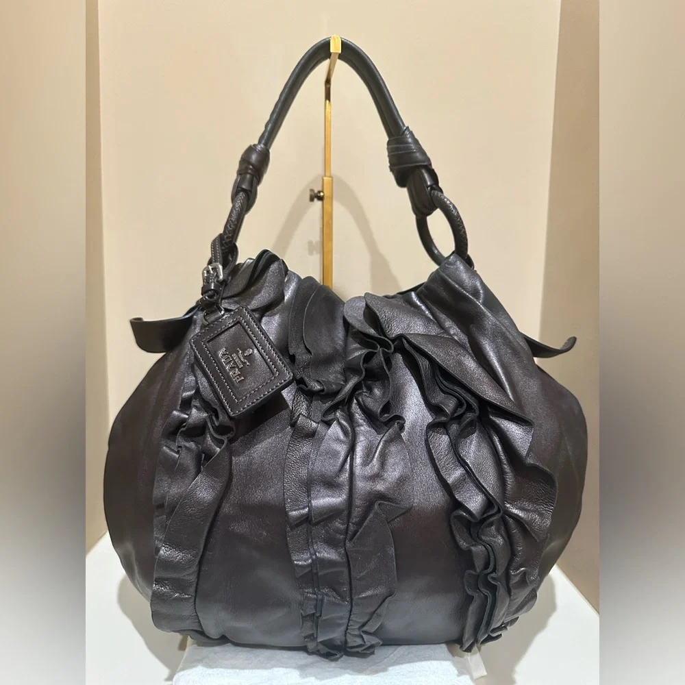 PRADA Nappa Mordore Leather Brown Ruffle Bag - Picture 3 of 14